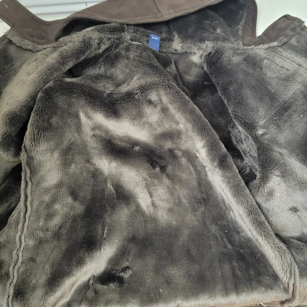 Chaps est 1978 Duffle Coat Womens Small Brown Faux Fur Suede Hooded Long‎ Sleeve